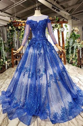 Charming Long Sleeve Tulle Royal Blue Applique Ball Gown Prom Dresses with Beads PDN74