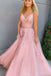 Chic A Line Pink Spaghetti Straps Two Pieces V Neck Prom Dresses with Appliques, Evening Dresses SK22