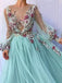 Princess Scoop Floral Appliques Long Puffy Sleeves Prom Dress PDI31