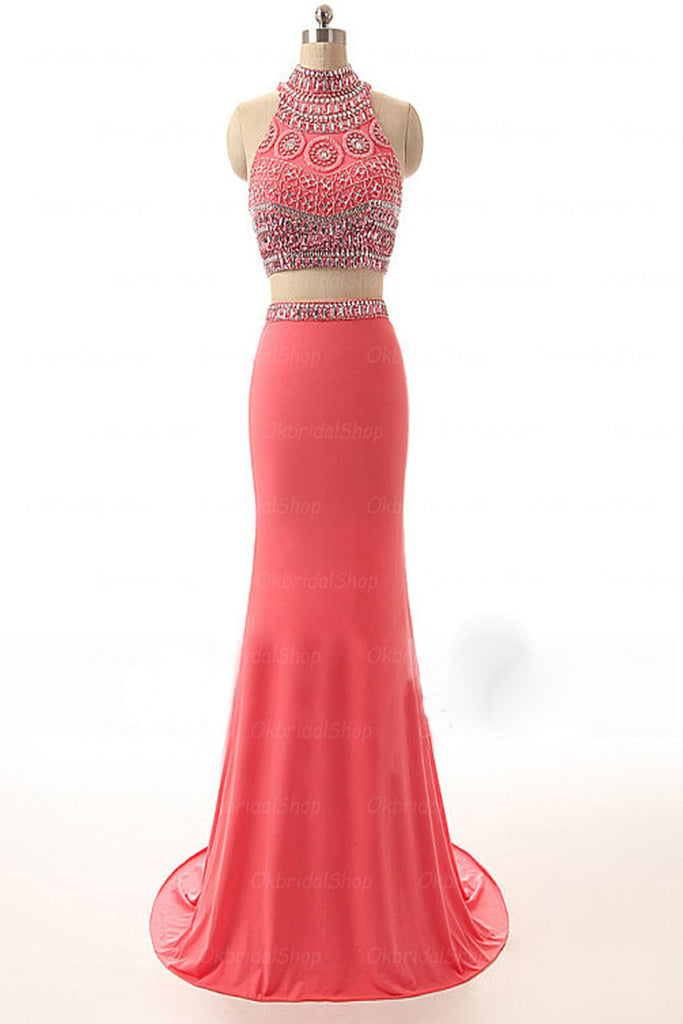 Elegant Two Pieces Watermelon Mermaid Beaded Long Sheath Modest Prom Dresses PD183