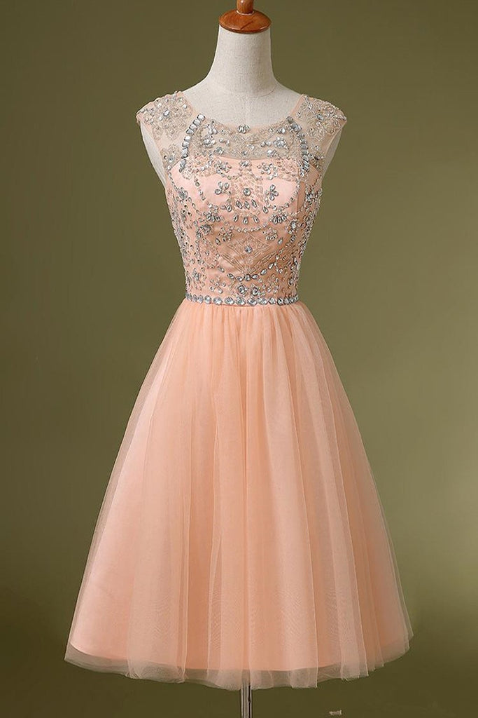 Simple A Line Blush Pink Backless Tulle Short Prom Dresses, Homecoming Dresses HD02
