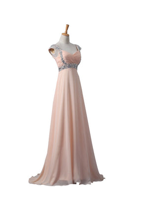Elegant Blush Pink Cap Sleeves V Neck Chiffon Beaded Long Prom Evening Dresses TD49