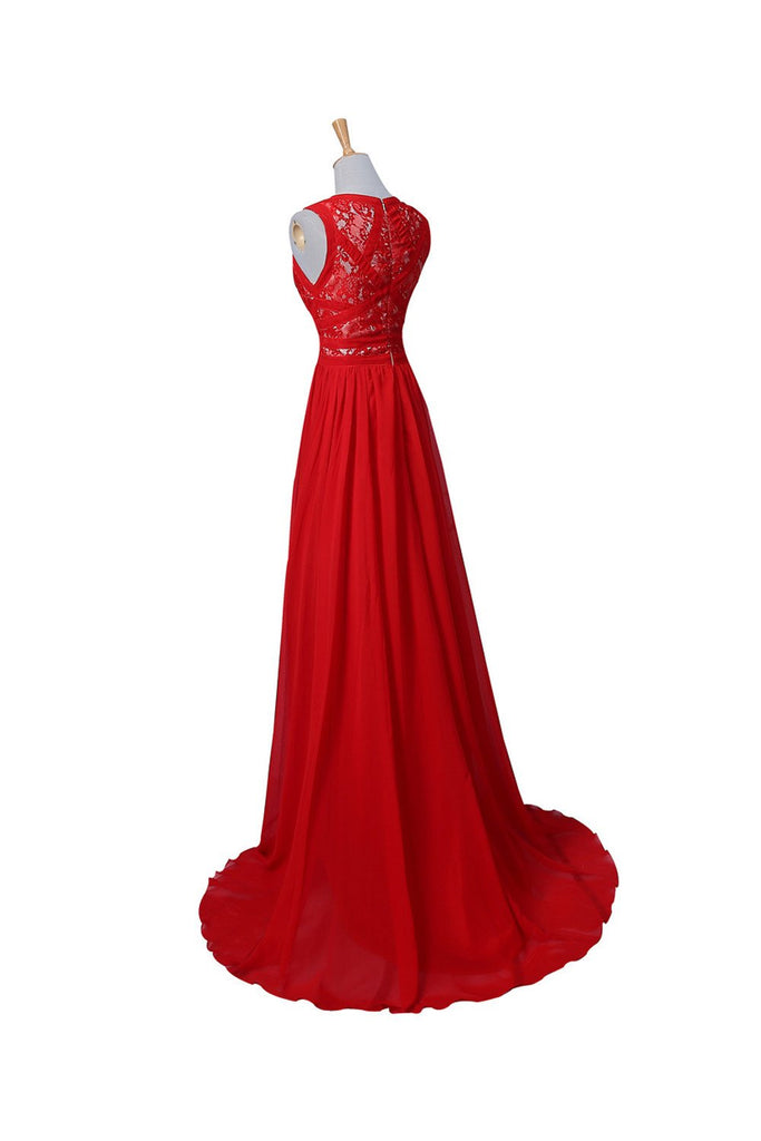 Chic A Line Red Lace Round Neck Chiffon Beaded Long Straps Prom Evening Dresses TD121