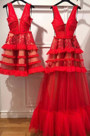 Charming Red V Neck Tulle Long Prom Dress, Evening Ddress PDP62