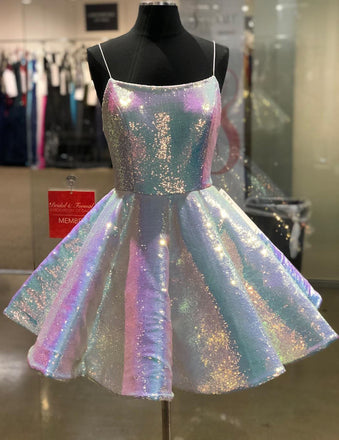 Shiny Spaghetti Straps Scoop A Line Homecoming Dresses, Short Sweet 16 Dresses SK26