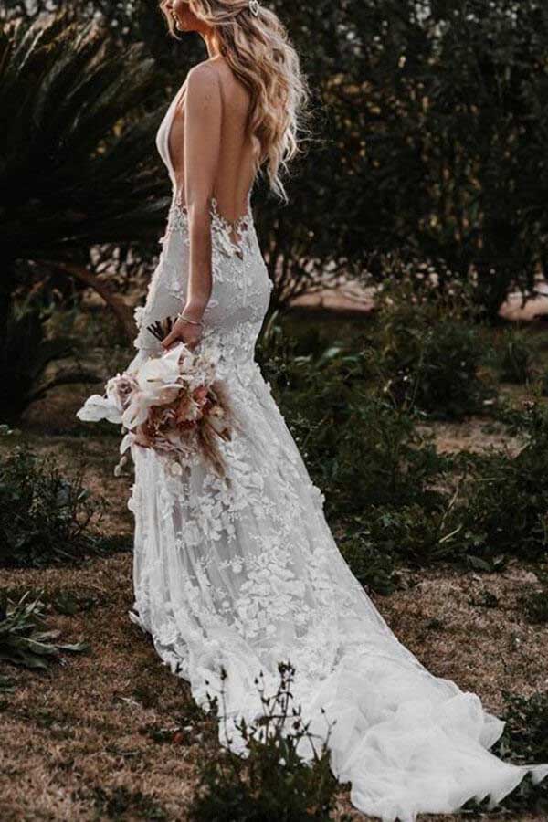 Elegant Ivory Mermaid Lace Appliques Tulle Wedding Dresses, Beach Bridal Dress OW0002