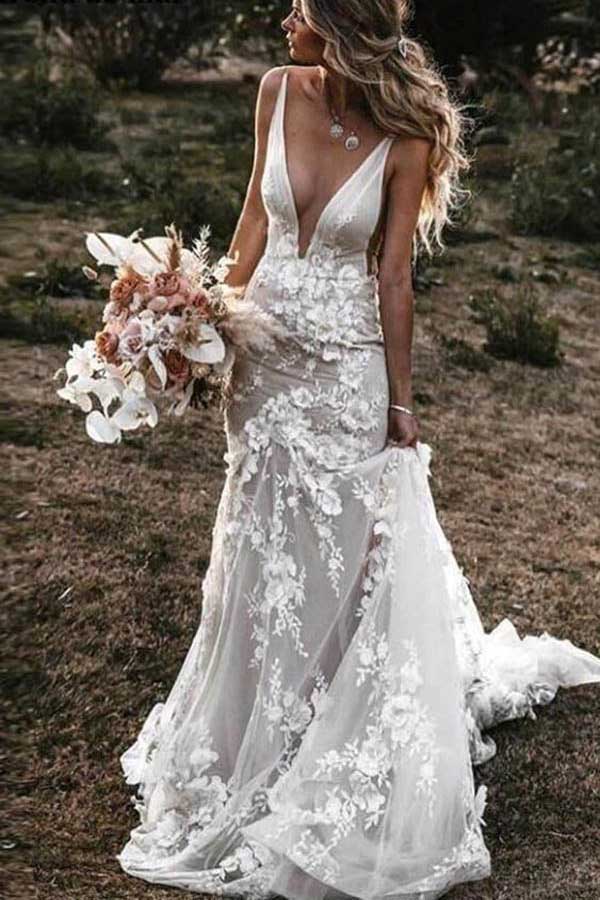 Elegant Ivory Mermaid Lace Appliques Tulle Wedding Dresses, Beach Bridal Dress trendtydresses Elegant Ivory Mermaid Lace Appliques Tulle Wedding Dresses, Beach Bridal Dress trendtydresses