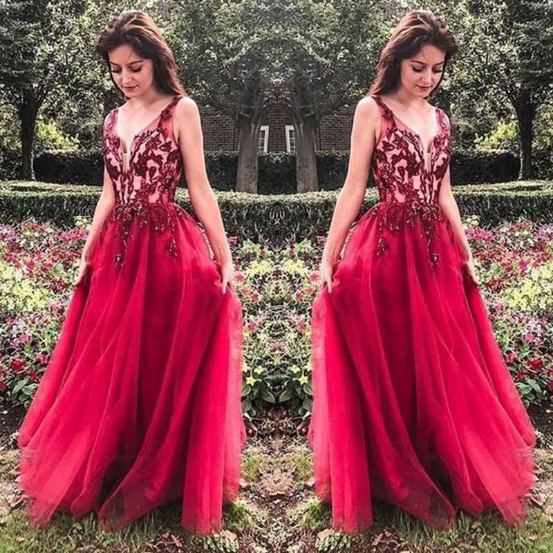 Unique Red V Neck Tulle Appliques Prom Dresses, Long Party Gowns PDH15