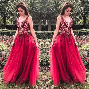 Unique Red V Neck Tulle Appliques Prom Dresses, Long Party Gowns PDH15