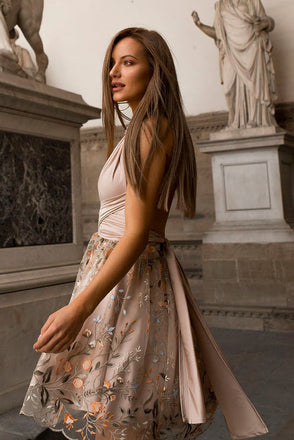 A Line V Neck Pink Criss Cross Lace Homecoming Dresses, Short Bridesmaid Dresses SK34