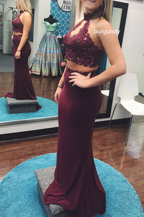 Charming Two Pieces Light Sky Blue High Neck Beads Mermaid Long Prom Dresses SK42