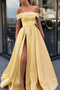 Simple A Line Off the Shoulder Satin High Slit Yellow Prom Dresses, Party Dresses OM0005