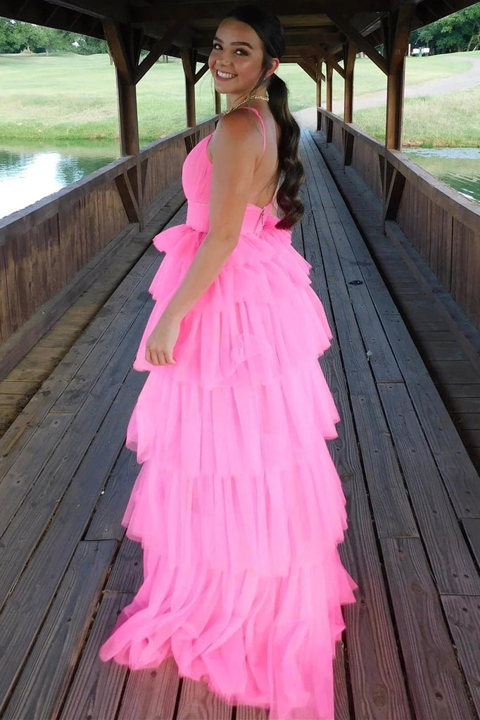 Fashion A Line Spaghetti Straps Pink Tulle Long Prom Dresses, Layers Backless Evening Gowns OM0347