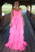 Fashion A Line Spaghetti Straps Pink Tulle Long Prom Dresses, Layers Backless Evening Gowns OM0347