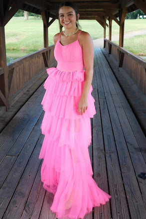 Fashion A Line Spaghetti Straps Pink Tulle Long Prom Dresses, Layers Backless Evening Gowns OM0347