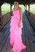 Fashion A Line Spaghetti Straps Pink Tulle Long Prom Dresses, Layers Backless Evening Gowns OM0347
