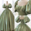 Ball Gown Green Satin Short Sleeves Long Prom Dresses, Floor Length Quinceanera Dress OM0282