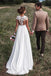 Beautiful A Line Lace Appliques Cap Sleeves Long Chiffon Beach Wedding Dresses OW0050