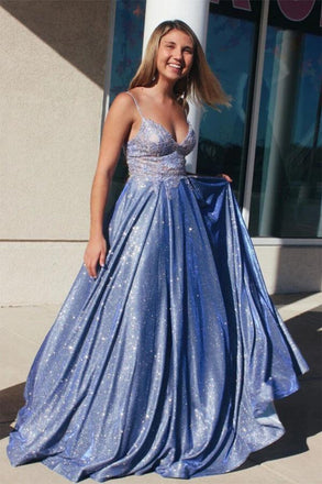 Glitter A Line Blue Spaghetti Straps Appliques Long Prom Dresses With Pockets OM0011