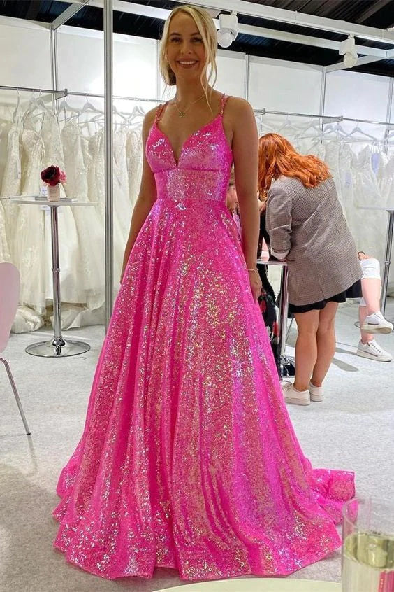 Charming A line Hot Pink Sequins V neck Prom Dresses Long Shiny Evening Dresses OM0126