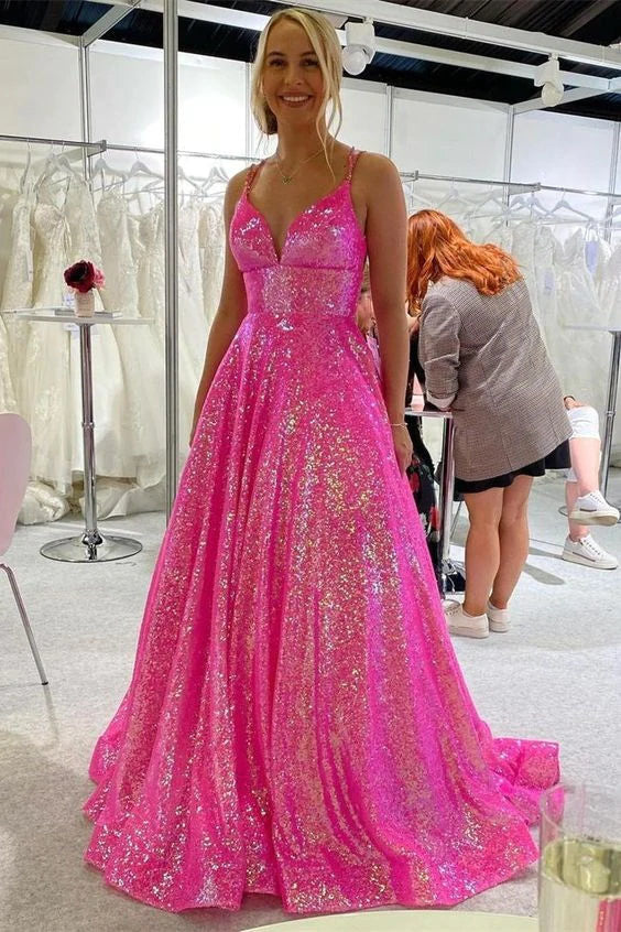 Charming A line Hot Pink Sequins V neck Prom Dresses Long Shiny Evening Dresses – trendtydresses