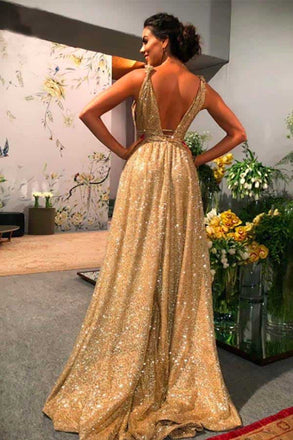 Sparkly A-Line Gold Sequin Empire Prom Dresses, V Neck Backless Formal Dance Dress OM0082