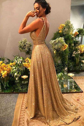 Sparkly A-Line Gold Sequin Empire Prom Dresses, V Neck Backless Formal Dance Dress OM0082