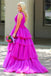 Princess Ball Gown Purple Tiered Tulle  V Neck Floor Length Prom Dress, Party Dress OM0369