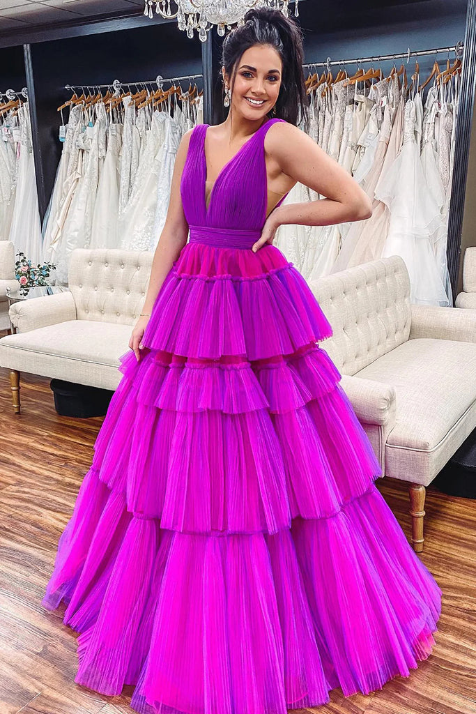 Princess Ball Gown Purple Tiered Tulle  V Neck Floor Length Prom Dress, Party Dress OM0369