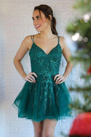 Green Spaghetti Straps Lace Tulle V Neck Homecoming Gown, Graduation Dress OMH0216