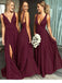 A Line Burgundy V Neck Ruffles Slit Bridesmaid Dresses, Long Cheap Prom Dresses SK12