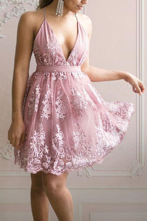 A Line Lace Appliqued V-neck Short Homecoming Dress PDO68