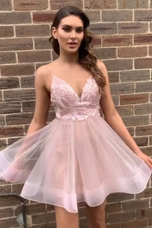 Simple Spaghetti Straps V Neck Backless Pink Homecoming Dress, Short Prom Dresses SK36