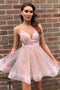 Simple Spaghetti Straps V Neck Backless Pink Homecoming Dress, Short Prom Dresses SK36