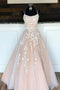 Unique Spaghetti Straps A Line Appliques Tulle Lace up Pink Prom Dresses, Dance Dresses SK08