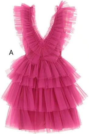 New Arrival Hot Pink A Line Tulle Homecoming Dresses, Tiered Mini Graduation Prom Dress OMH0101