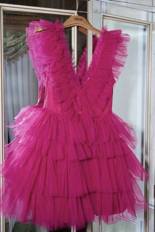New Arrival Hot Pink A Line Tulle Homecoming Dresses, Tiered Mini Graduation Prom Dress OMH0101