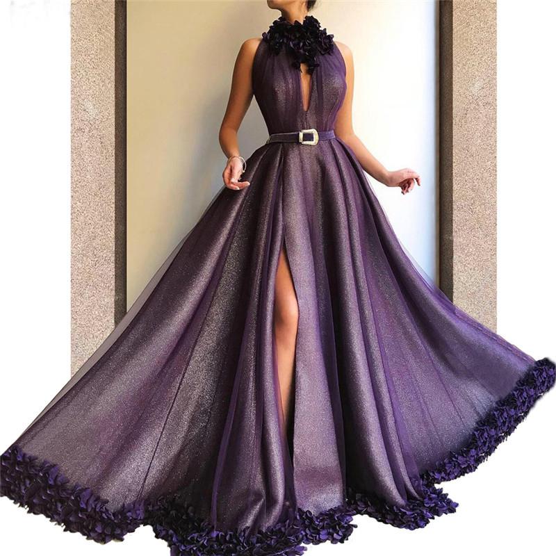 Purple Long A-line Split Cheap Prom Dresses With Flowers PDH56