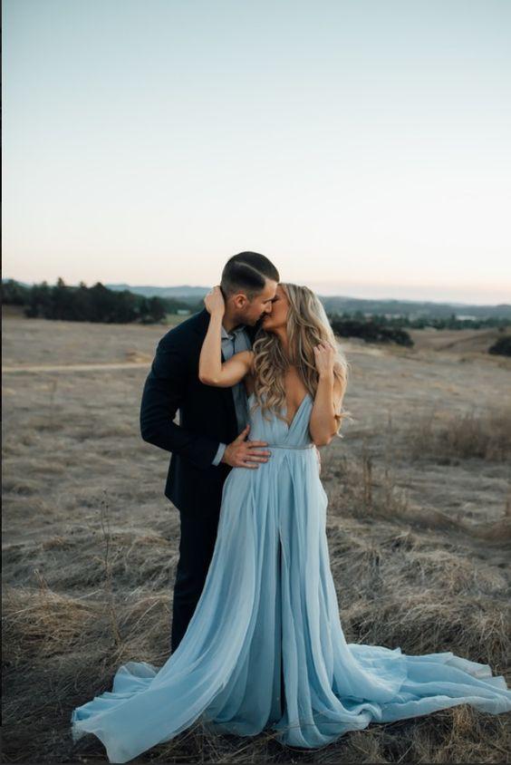 Sexy Split Sky Blue Beach Simple Wedding Dresses Chiffon Long Prom Dress – trendtydresses