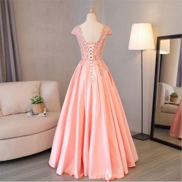 Blush Pink A Line Cap Sleeves Appliques Beaded Long Prom Dresses PDJ85
