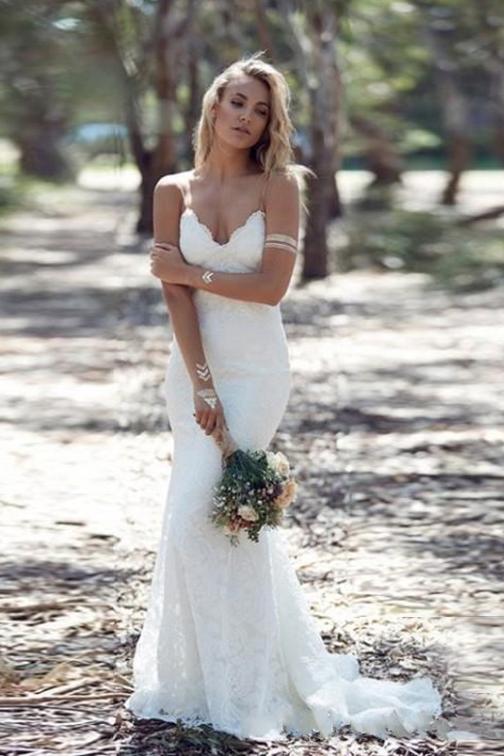 Elegant Backless V Neck Lace Spaghetti Straps Ivory Mermaid Wedding Dresses WD03