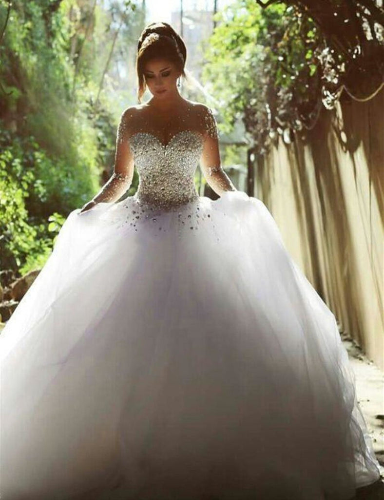 Stunning Long Sleeves Tulle Ball Gown Beaded Wedding Dress PDH69