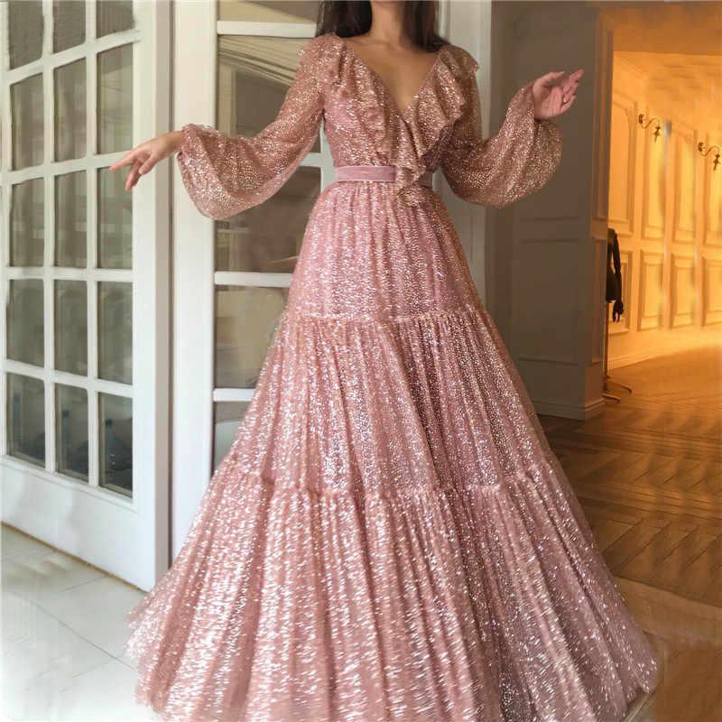 Sparkle V-neck Long Sleeves V-neck Pink Evening Prom Dresses with Ruffles PDH92