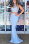 Charming Two Pieces Light Sky Blue High Neck Beads Mermaid Long Prom Dresses SK42