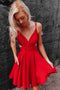 Simple A Line Red V Neck Satin Open Back Mini Homecoming Dresses, Short Dresses SK21