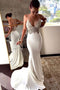 Deep V Neck Spaghetti Straps Ivory Lace Backless Mermaid Prom Dress, Wedding Dresses SK13