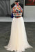 Princess A Line White Halter Tulle Floral Embroidery Long Prom Dresses, Formal Dress OM0212