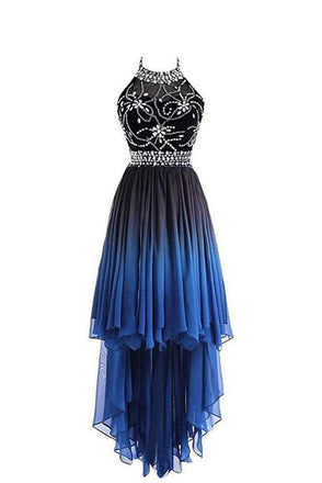 High Low Halter Sleeveless Beading Chiffon Ombre Prom Dress PDG77