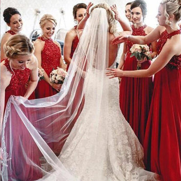 Cheap A-Line Formal Long Red Beading Bridesmaid Dresses PDG59