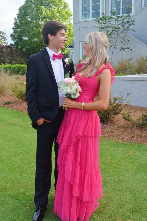 New Styles Hot Pink Long Prom Dresses A Line Tulle Tiered Formal Evening Gown OM0339